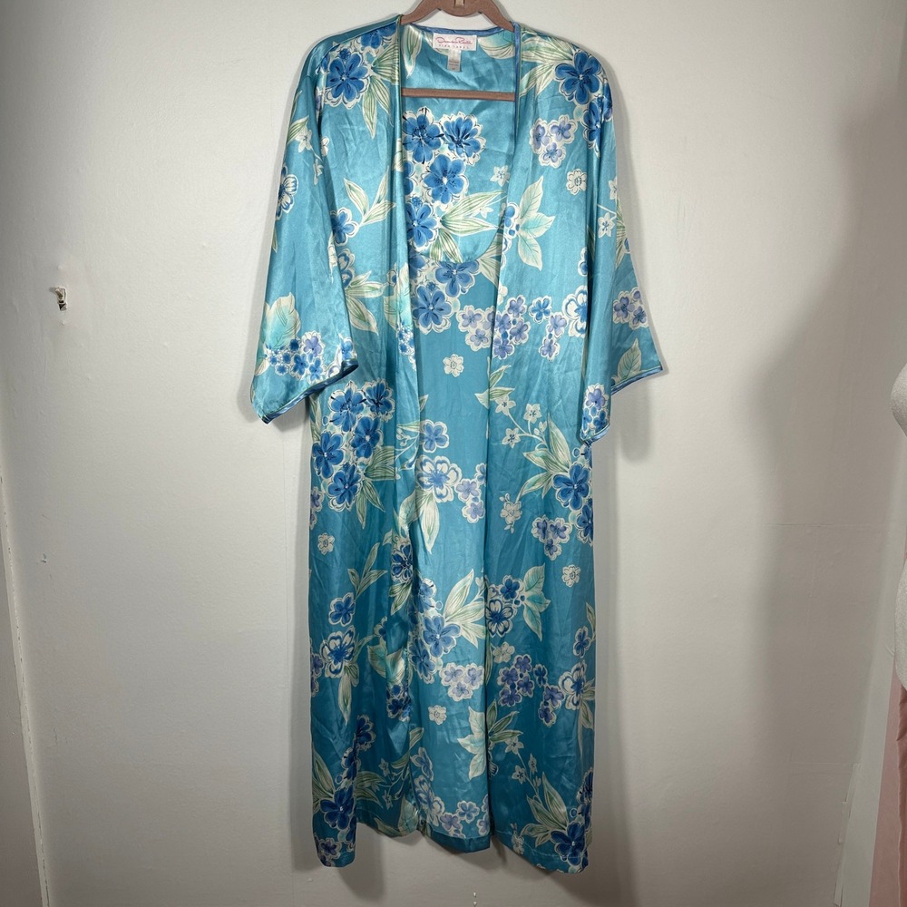 Oscar de la Renta Robe Womens Medium Blue Floral Satin Kimono Duster
